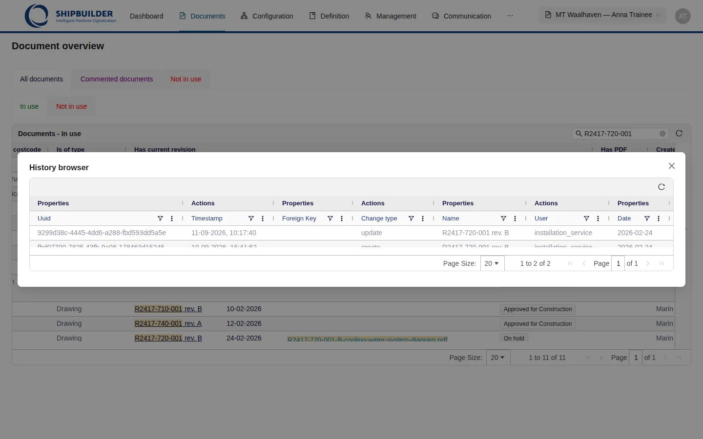 History browser on rev. B: two rows, both by a service, the last one On hold